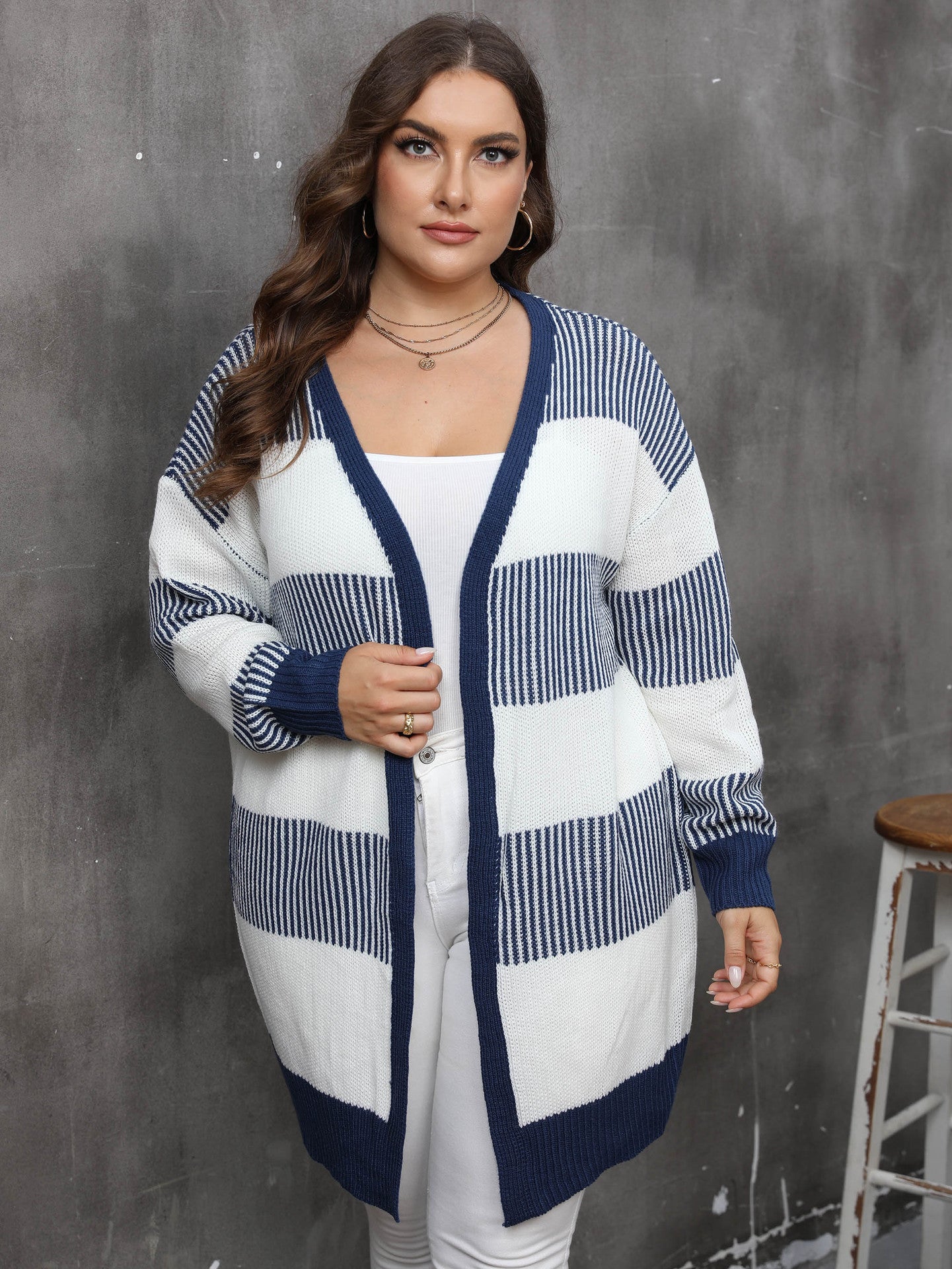 Plus Size Contrast Striped Stitching Cardigan Sweater Coat