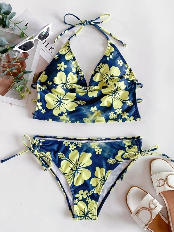 Sexy Bikini-Set mit Blumen-Ausschnitt und hoher Taille