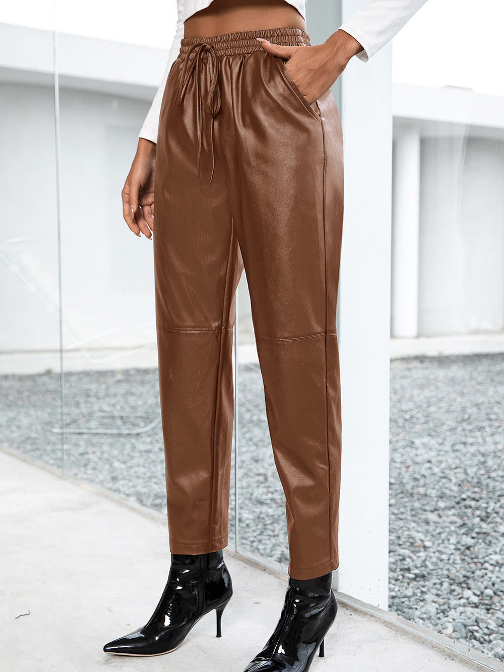 Faux Leather Loose Motorcycle Pants for Women