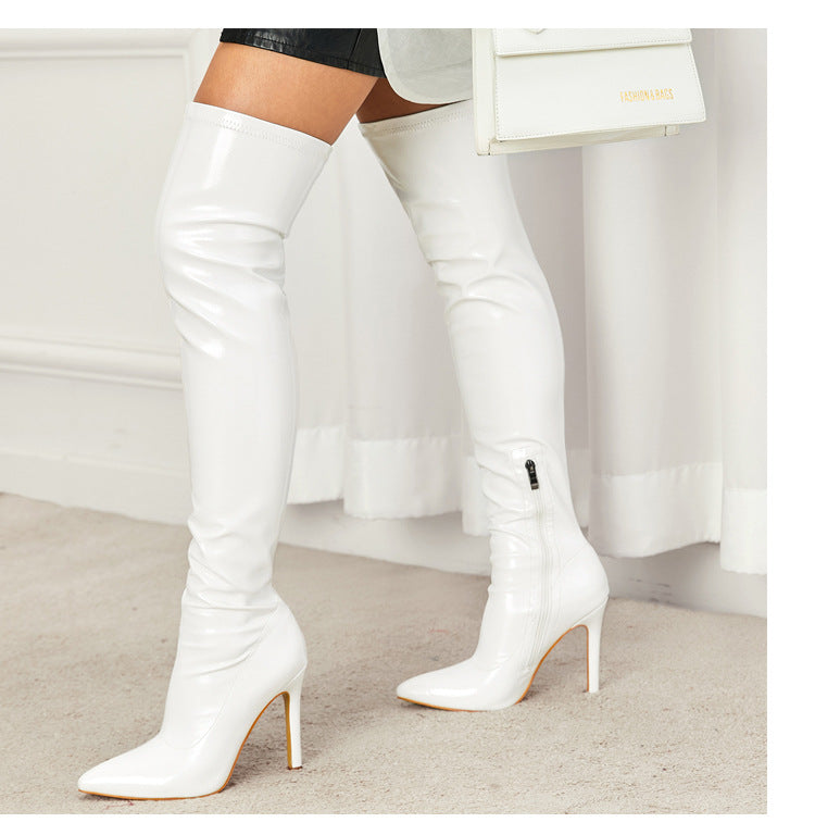 High Heel Patent Leather Stretch Knee Boots
