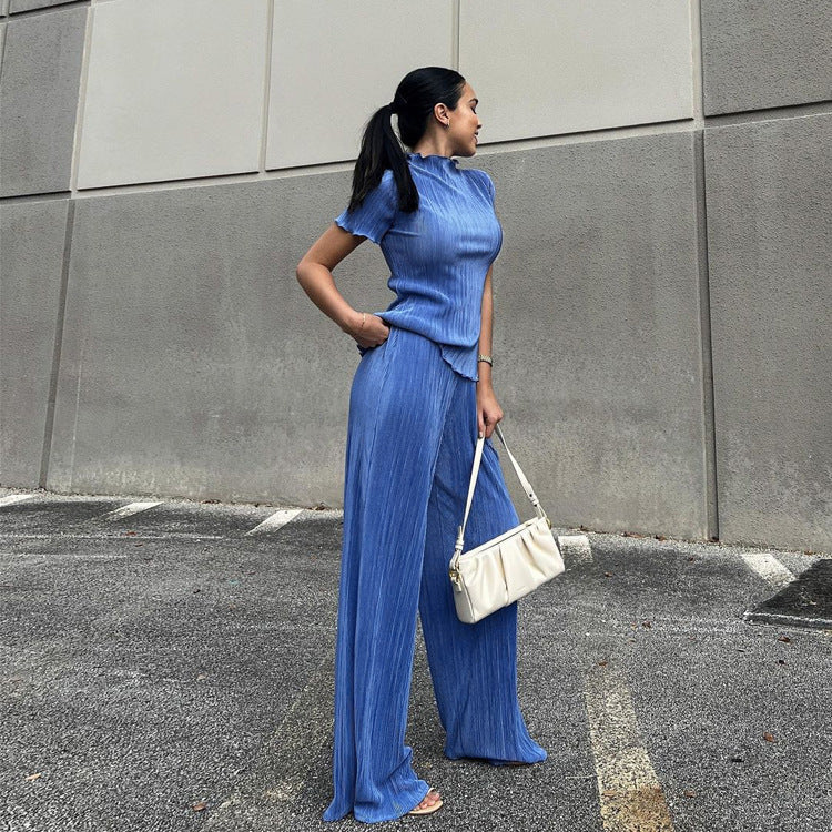 High Waist Blue Wide Leg Pants Suit