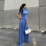 High Waist Blue Wide Leg Pants Suit
