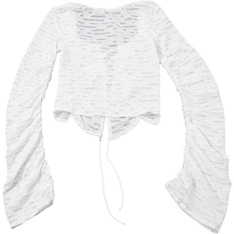 White Cutout Lace-Up Long Sleeve Cardigan for Women