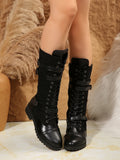 Color Matching Tall Knight Boots with Belt Buckle
