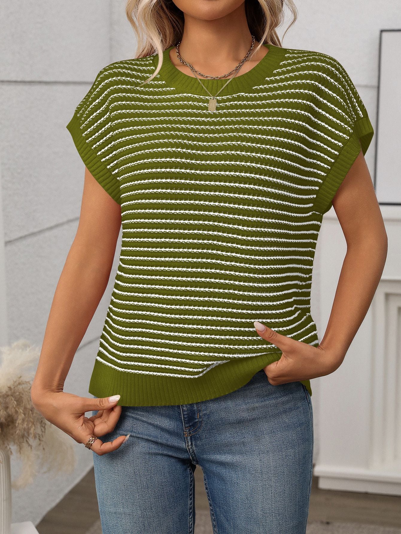 Casual Striped Contrast Color Round Neck Knitted Sweater