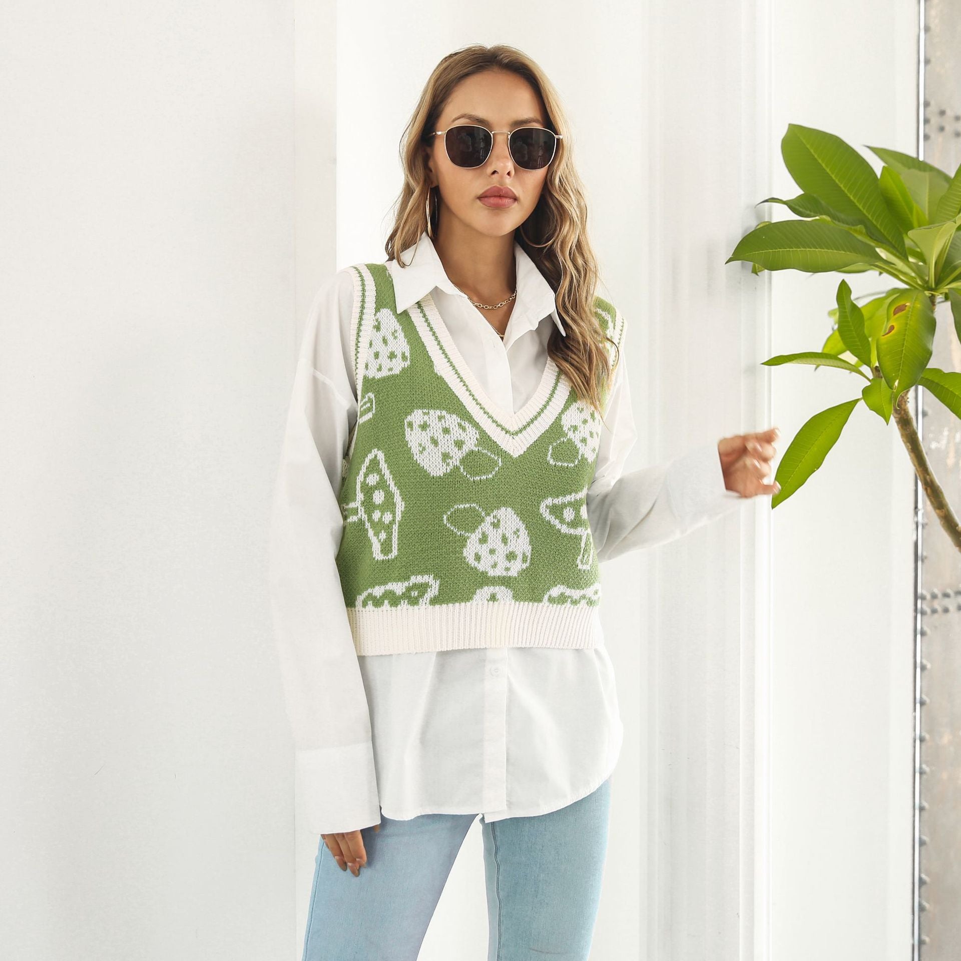 Preppy Süßer Pilz Jacquard Weste Pullover für Damen