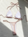 Maillot de bain bikini à bretelles en T motif léopard perlé