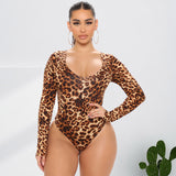 Leopard Print Long Sleeve Jumpsuit for Plus Size
