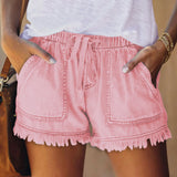Jeansshorts mit hoher Taille und Kordelzug