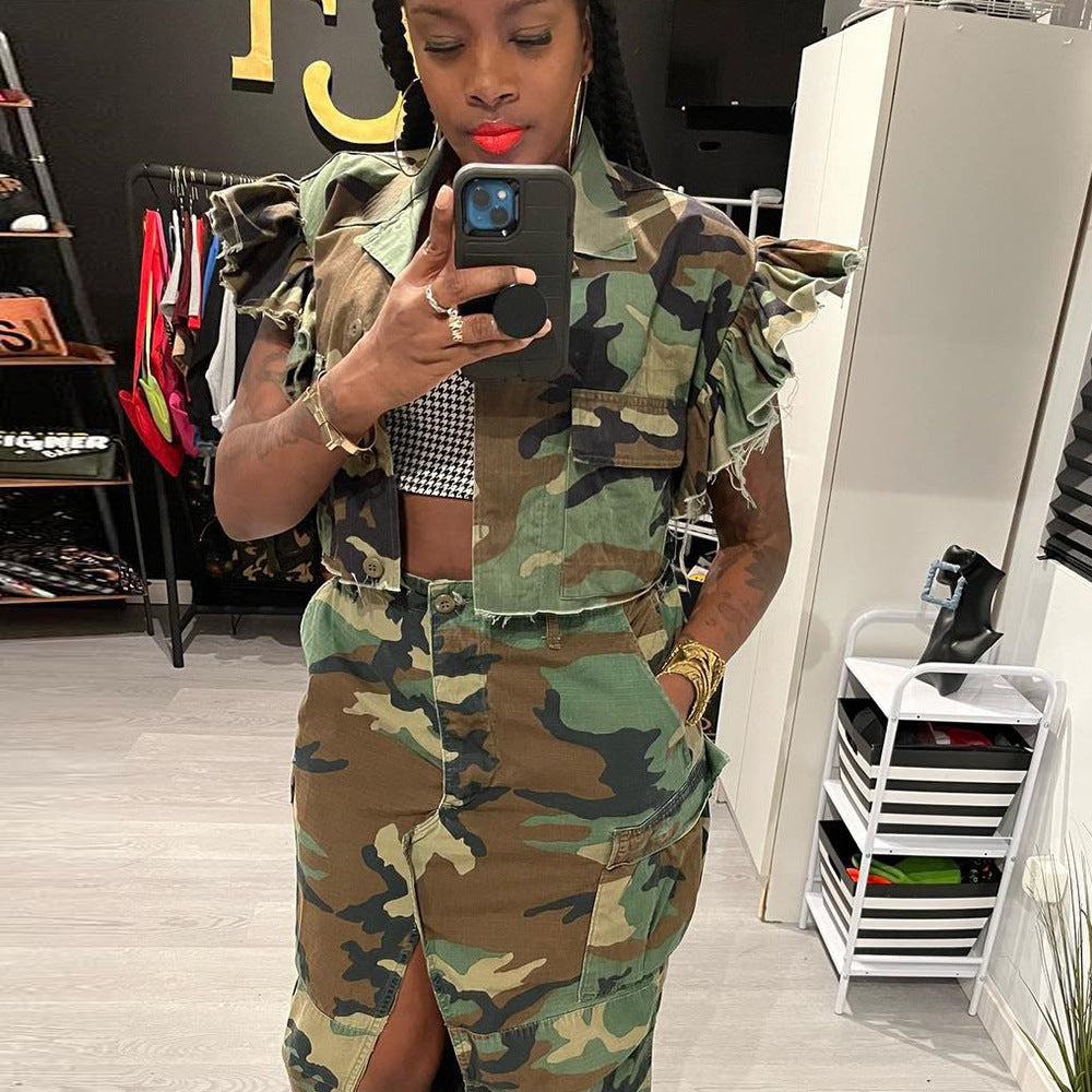 Camouflage Flounce Sleeve Pocket Short Sleeve Cardigan for Women