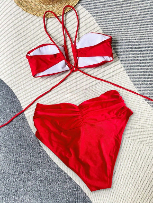 Bikini-Badeanzug mit 3D-Blumenmuster und hoher Taille