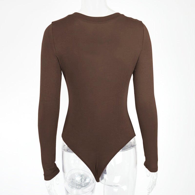 Body moulant et sexy à manches longues et col en V pour femme