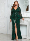 Plus Size Sequined V-neck Evening Dress
