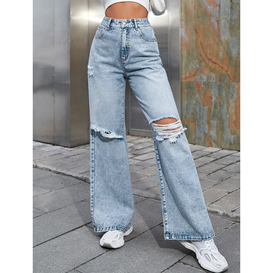 High Waist Wide Leg Distressed Jeans