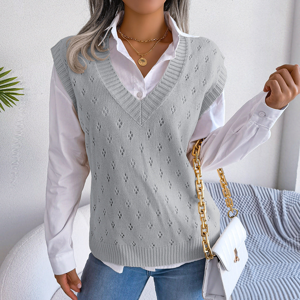 Lässiger Strickwestenpullover mit ausgehöhlten Ausschnitten und V-Ausschnitt für Damen