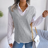 Lässiger Strickwestenpullover mit ausgehöhlten Ausschnitten und V-Ausschnitt für Damen