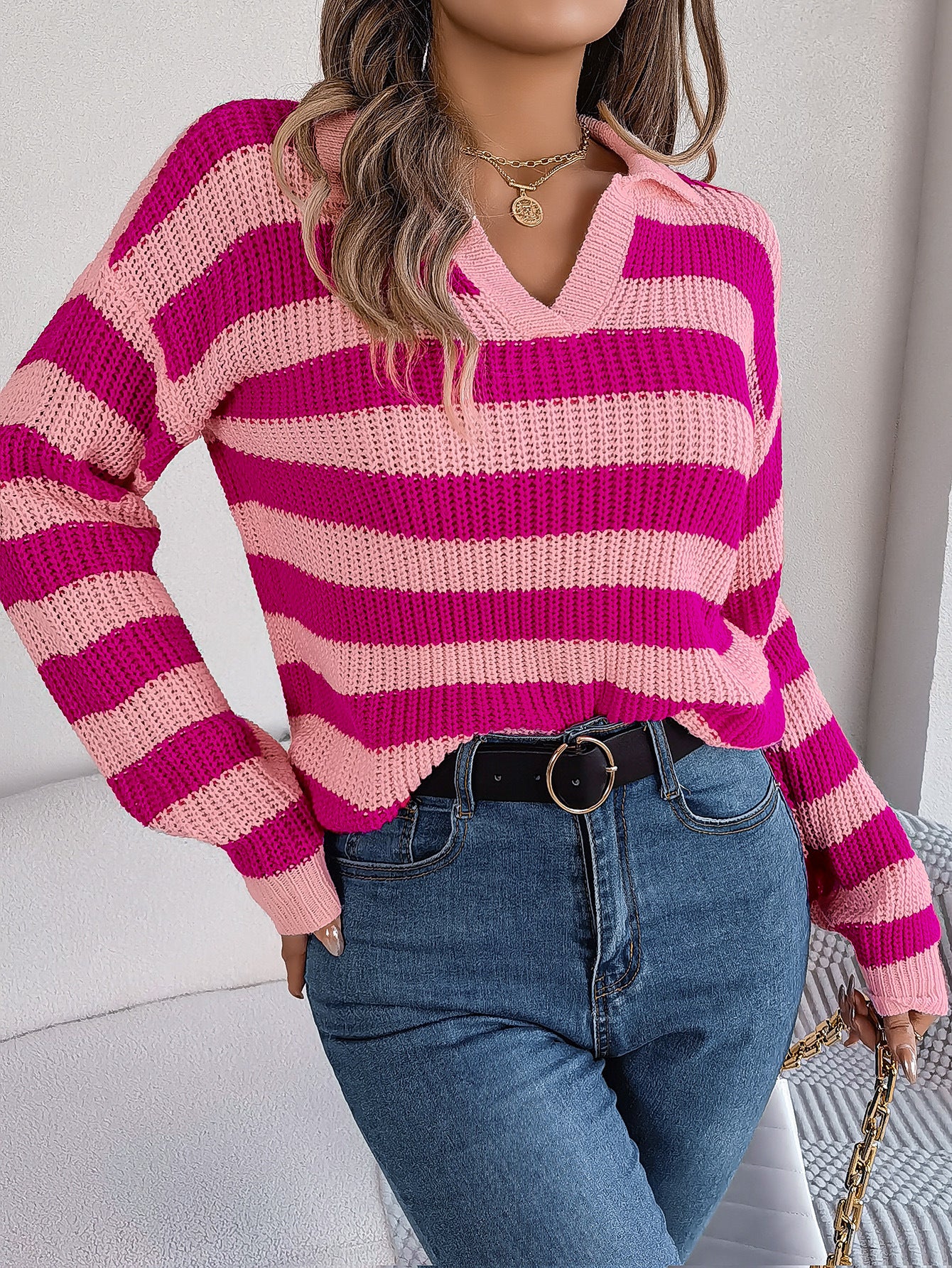 Casual Long Sleeve Knit Sweater with Collar