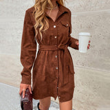 Lässiges Cord-Hemdkleid mit Gürtel und langen Ärmeln