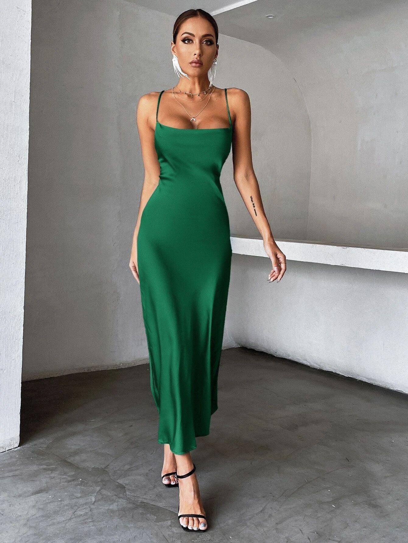 Solid Color Satin Strap Party Dress for Women