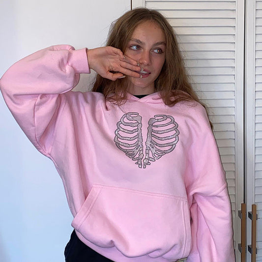 Sweat-shirt à capuche ample à strass squelette tendance
