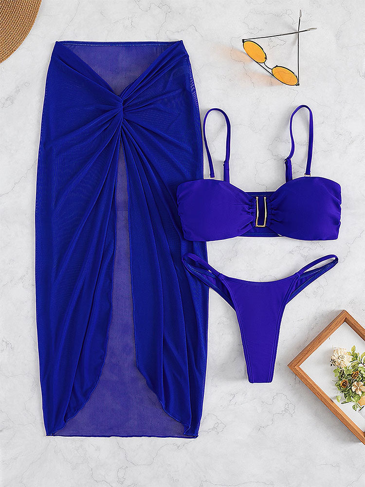 Bikini trois pièces sexy de couleur unie