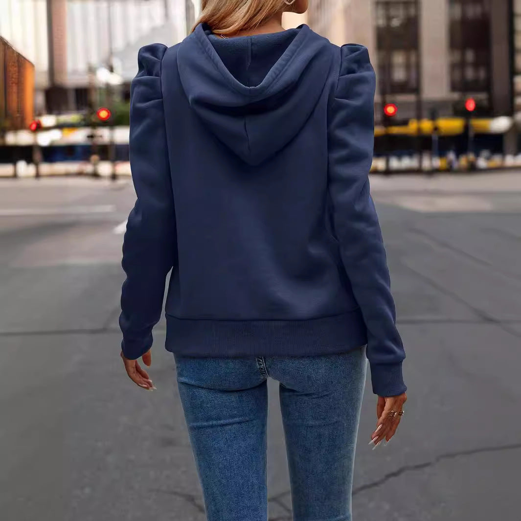 Polo Collar Hooded Solid Color Long Sleeve Casual Sweatshirt for Women