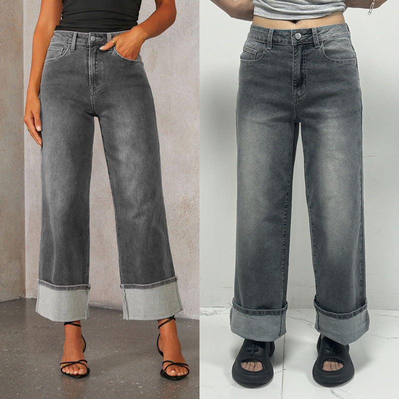 Retro High Waist Elastic Straight Jeans
