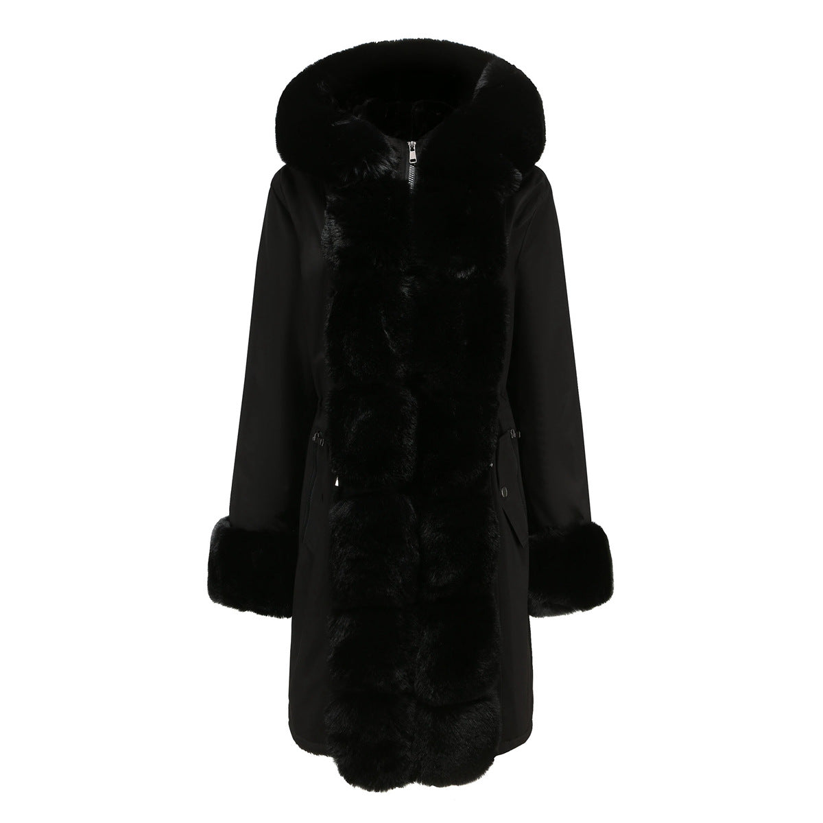 Mid-Length Padded Parka with Fur Collar