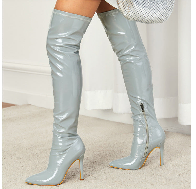 High Heel Patent Leather Stretch Knee Boots