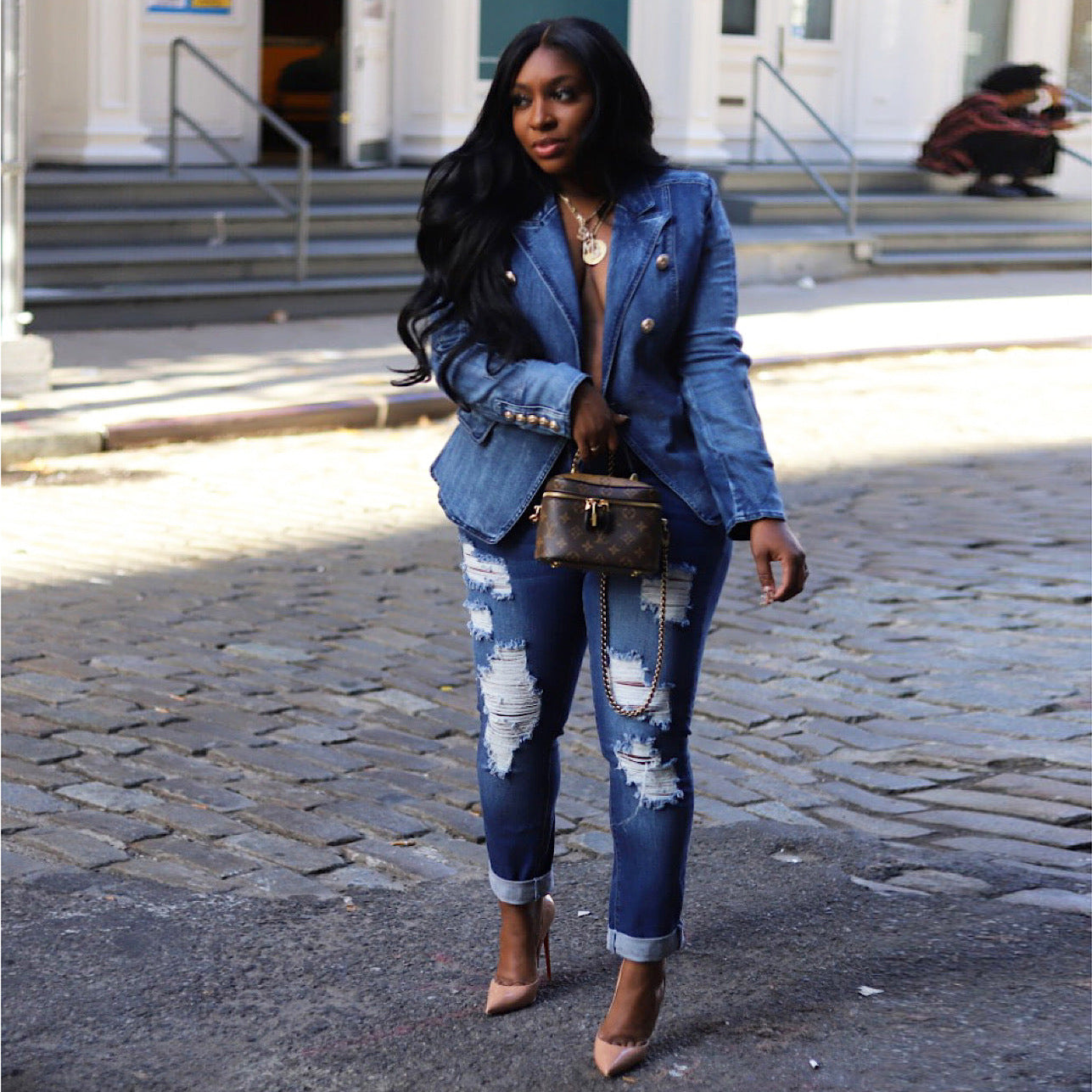 Schmaler, zweireihiger Denim-Blazer