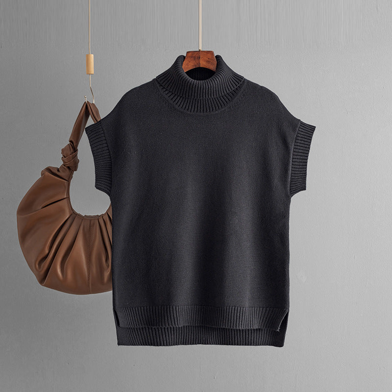 Ärmelloser Pullover mit hohem Halsausschnitt, einfarbig, locker gestrickt, Westentop für Damen