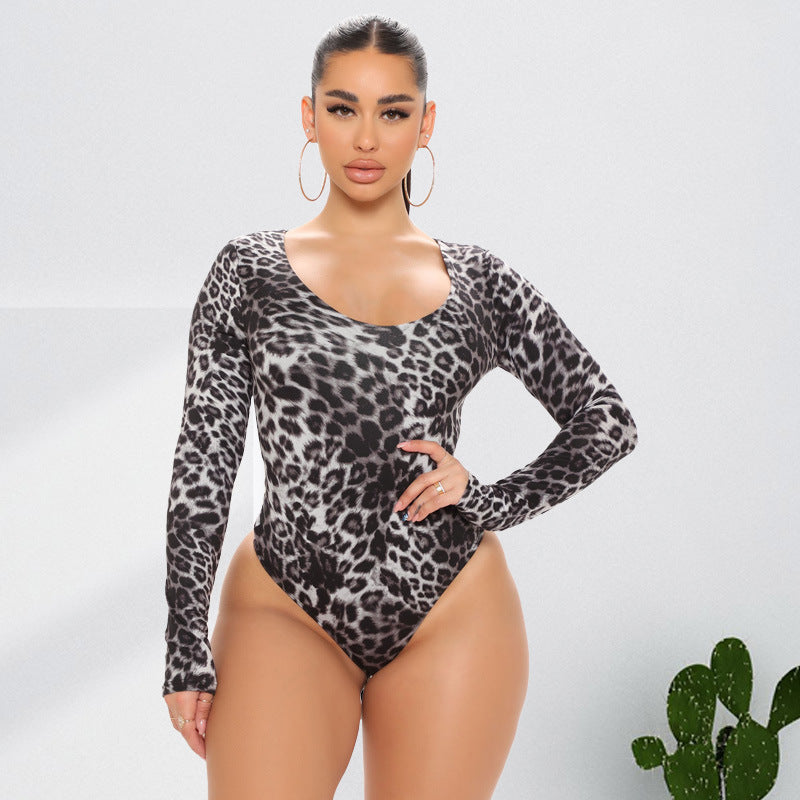Leopard Print Long Sleeve Jumpsuit for Plus Size