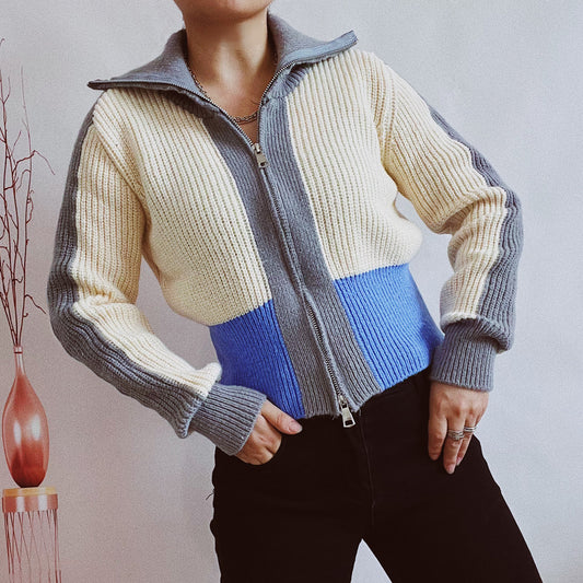 Cardigan à manches longues et col roulé en patchwork de couleurs contrastées, coupe slim, double fermeture éclair