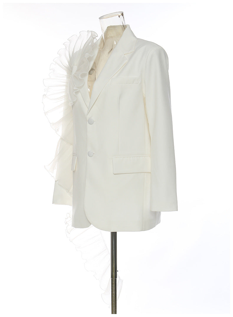 3D Ruffled Asymmetric White Mesh Coat