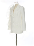 3D Ruffled Asymmetric White Mesh Coat