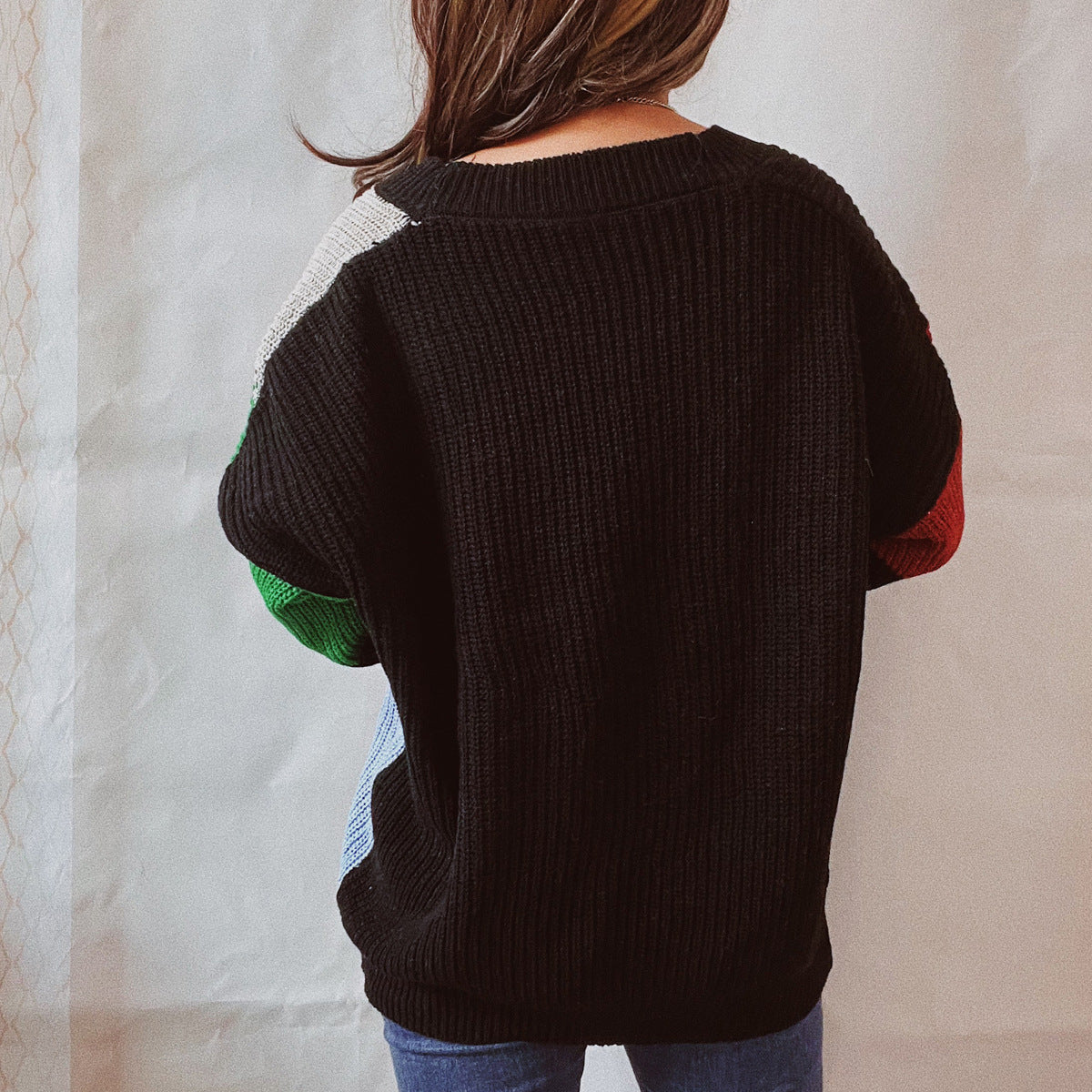 Cardigan décontracté en tricot à simple boutonnage, coutures asymétriques irrégulières et contrastées