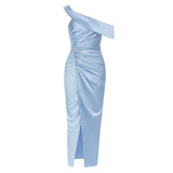 Sexy Oblique Shoulder Printed Side Slit Light Blue Dress