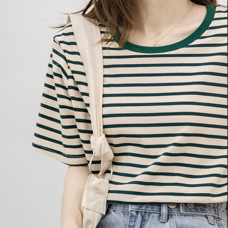 Green Striped Short Sleeve Loose Cotton T-Shirt for Women