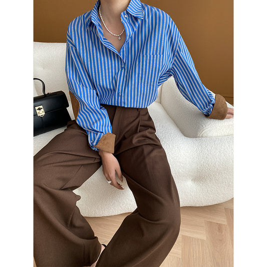 French Suede-Striped Loose Stacked Shirt