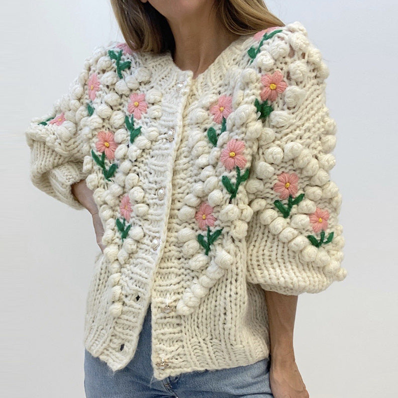 Handgemachte gehäkelte Stickerei Twist Perle Schnalle gestrickte Pullover Strickjacke Mantel