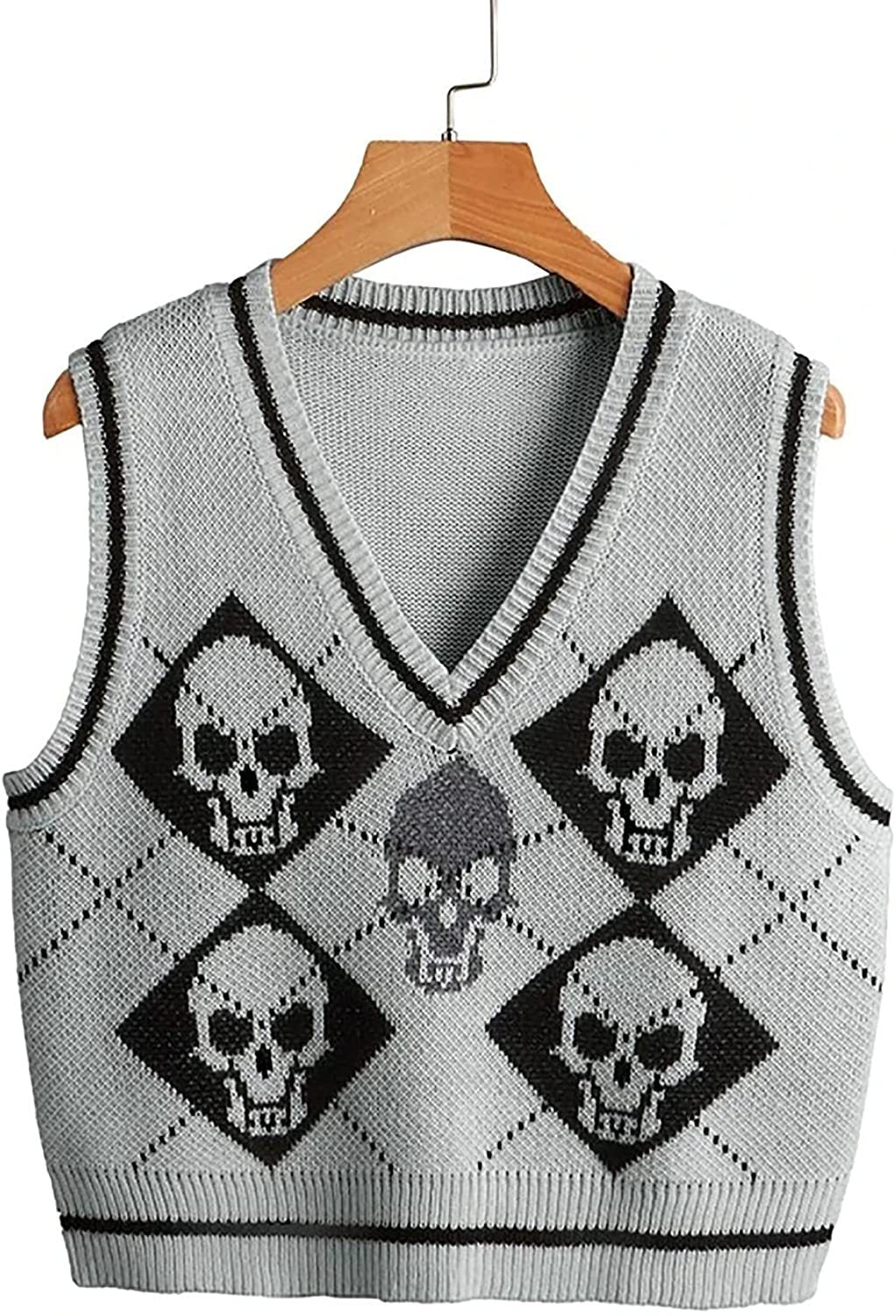 Westenmantel für Damen – Gestrickter Halloween-Pullover mit V-Ausschnitt und Gothic-Totenkopf-Skelett-Design