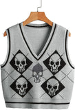 Westenmantel für Damen – Gestrickter Halloween-Pullover mit V-Ausschnitt und Gothic-Totenkopf-Skelett-Design