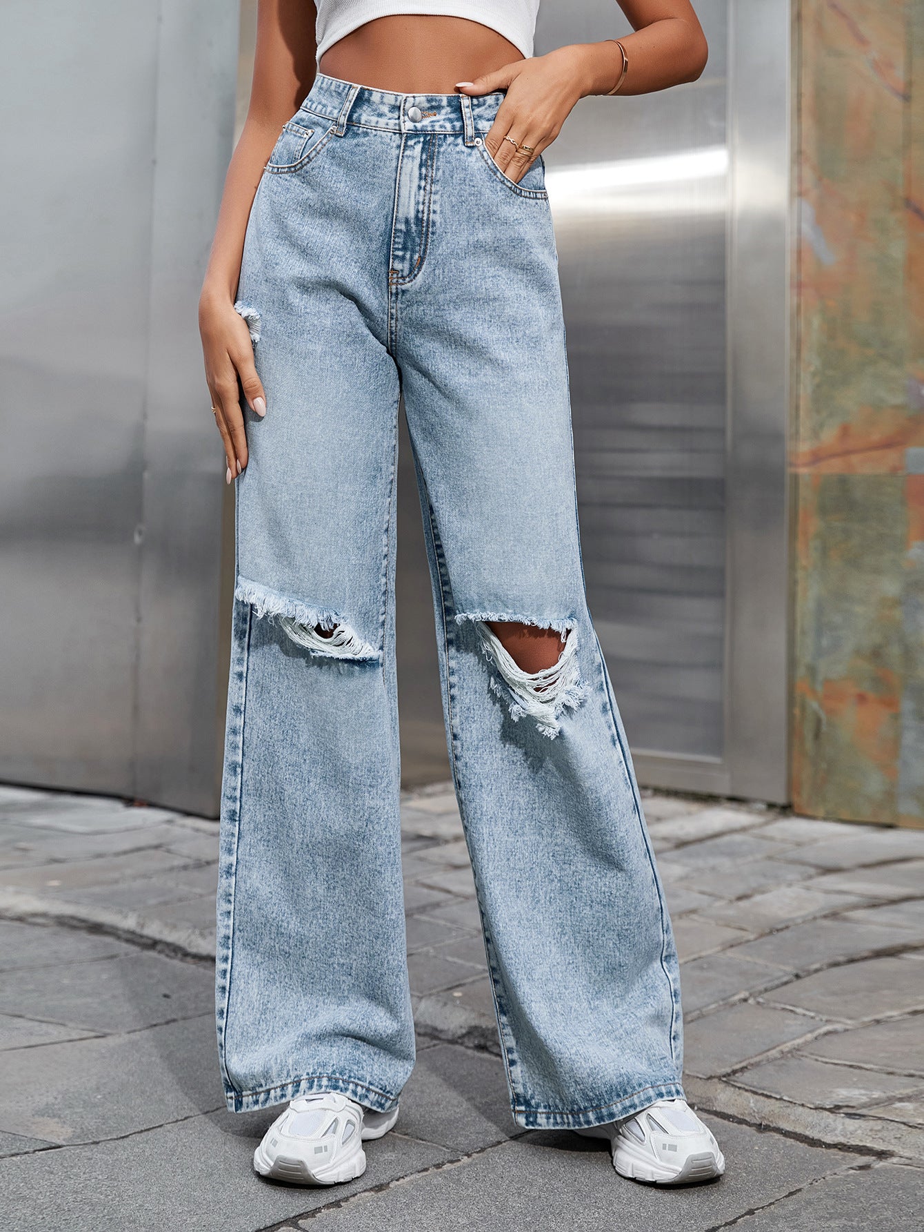 High Waist Wide Leg Distressed Jeans