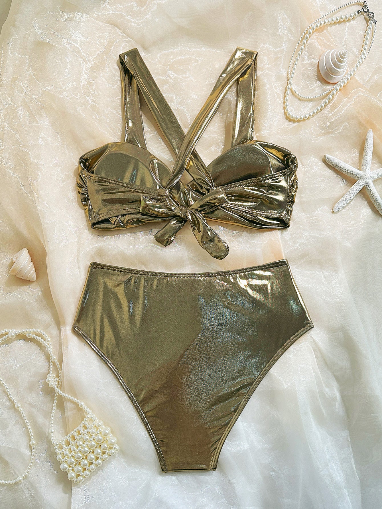 Maillot de bain bikini à bretelles dos nu métallisées