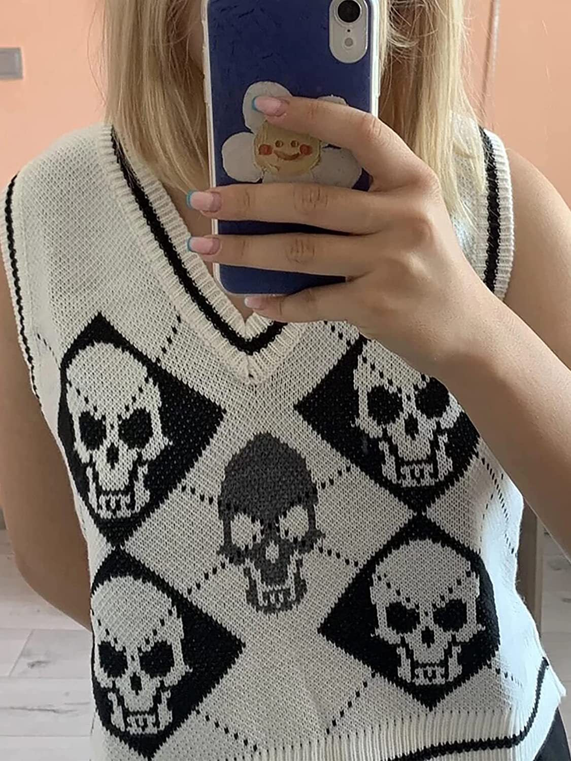 Westenmantel für Damen – Gestrickter Halloween-Pullover mit V-Ausschnitt und Gothic-Totenkopf-Skelett-Design