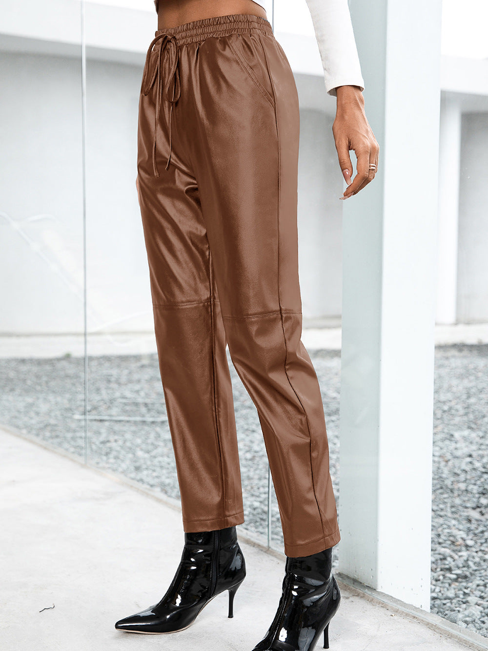 Faux Leather Loose Motorcycle Pants for Women