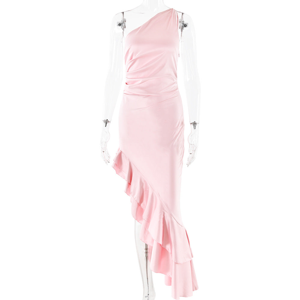 Oblique Shoulder Backless High Slit Dress
