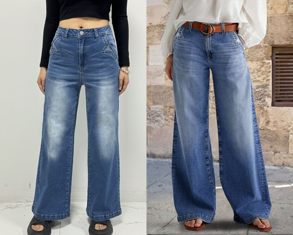 Retro Wide Leg Embroidered Jeans for Women