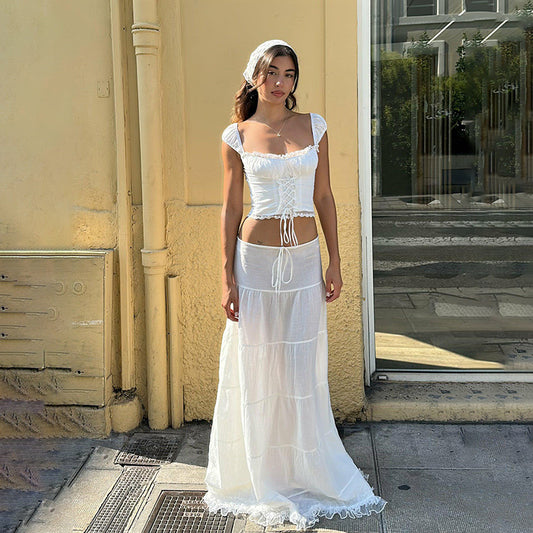 French Square Collar Sling Top and Skirt Set