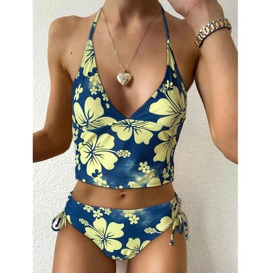 Ensemble bikini taille haute sexy à découpes florales